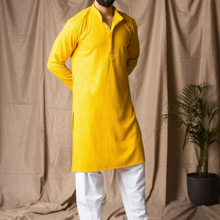 Light Yellow Rayon Thread Embroidery Work Kurta Set - Mahotsav