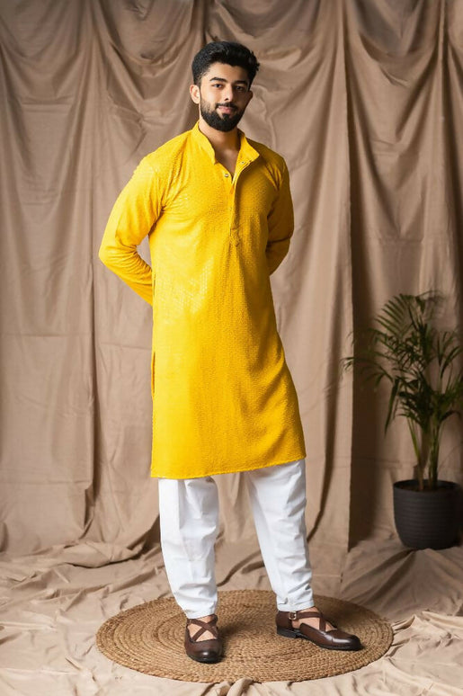 Light Yellow Rayon Thread Embroidery Work Kurta Set - Mahotsav