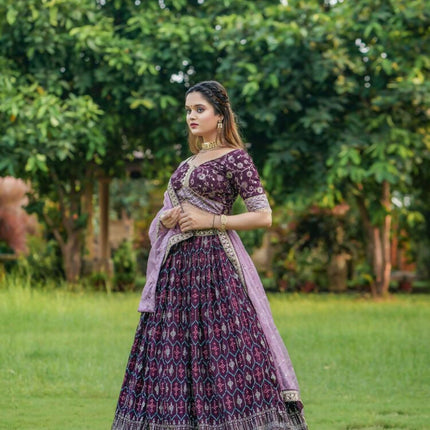 Aastha Fashion Wine Heavy Georgette Fabric Heavy Foil Print + Embroidery Work Belt Semi Stitched Wedding Wear Lehenga Choli