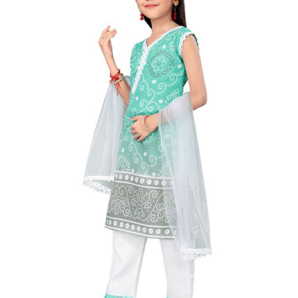 Divine Drape Girls Cotton Green Printed Straight Kids Kurta Pant With Dupatta