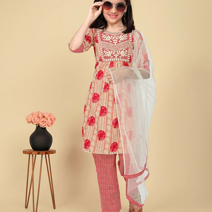 Divine Drape Girls Poly Cotton Red Embroidered Straight Kids Kurta Pant With Dupatta