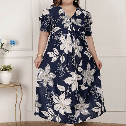 Miravan Womens Plus Size Blue Flower Printed Puff Sleeve Cotton Butterfly Maxi Dress