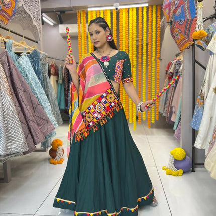 Aastha Fashion Green Rayon Multi Colour Samosa Lace Semi Stitched Wedding Wear Lehenga Choli