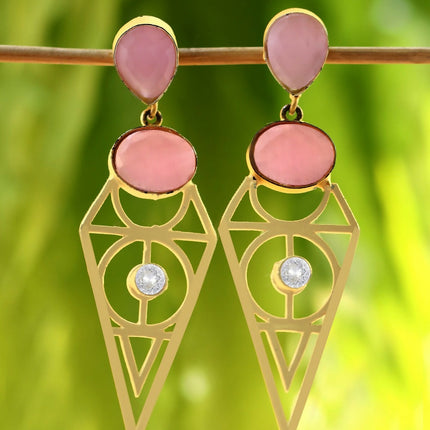 Joban Fashion Women Pink Stone Matte Gold Earrings