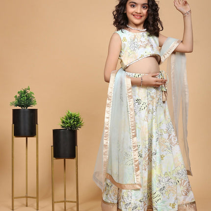 Divine Drape Girls Chinon Pista Printed Kids Lehenga Choli With Dupatta