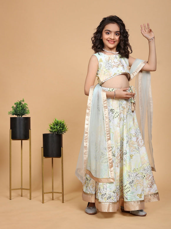 Divine Drape Girls Chinon Pista Printed Kids Lehenga Choli With Dupatta