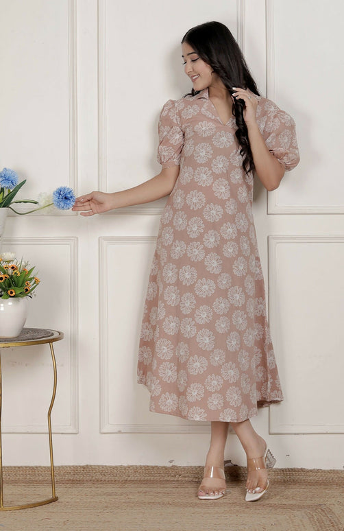 Miravan Womens Puff Sleeve Cheeku Pure Cotton Printed Maxi Dress