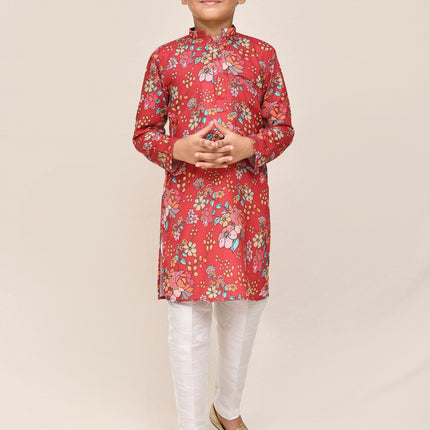 Joban Fashion Cotton Silk Red Kurta With Straight Fit Pant