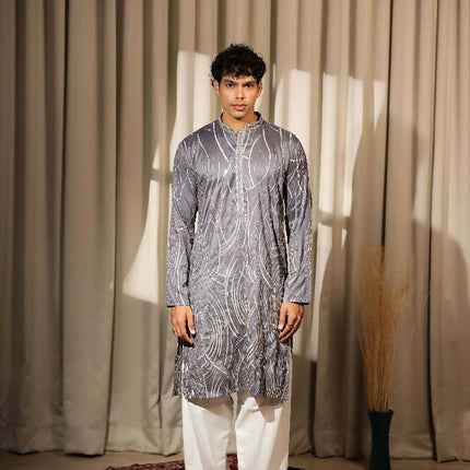 Bluish Grey Viscose Designer Embroidery Work Kurta Set - Mahotsav