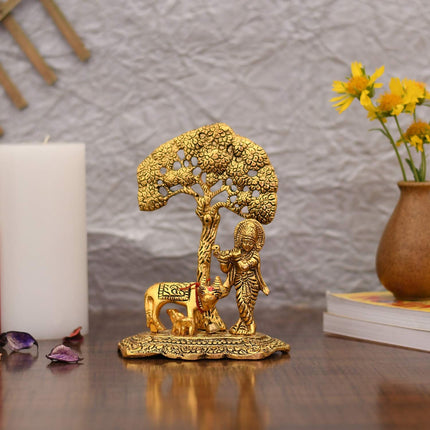 Collectible India Gift Items Metal Krishna Idol Murti With Kamdhenu Cow