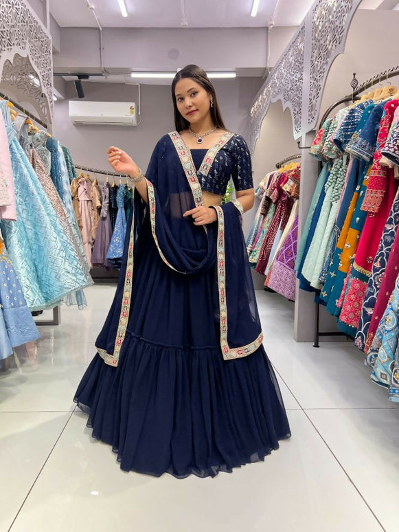 Aastha Fashion Navy Blue Heavy Georgette Pleated Semi Stitched Wedding Wear Lehenga Choli