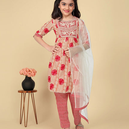 Divine Drape Girls Poly Cotton Red Embroidered Straight Kids Kurta Pant With Dupatta