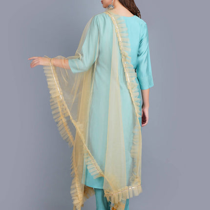 Shehnaai Blue Formal Muslin Suit With A Net Dupatta
