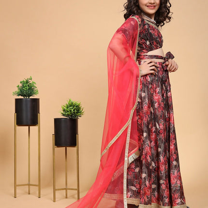 Divine Drape Girls Chinon Maroon Printed Kids Lehenga Choli With Dupatta