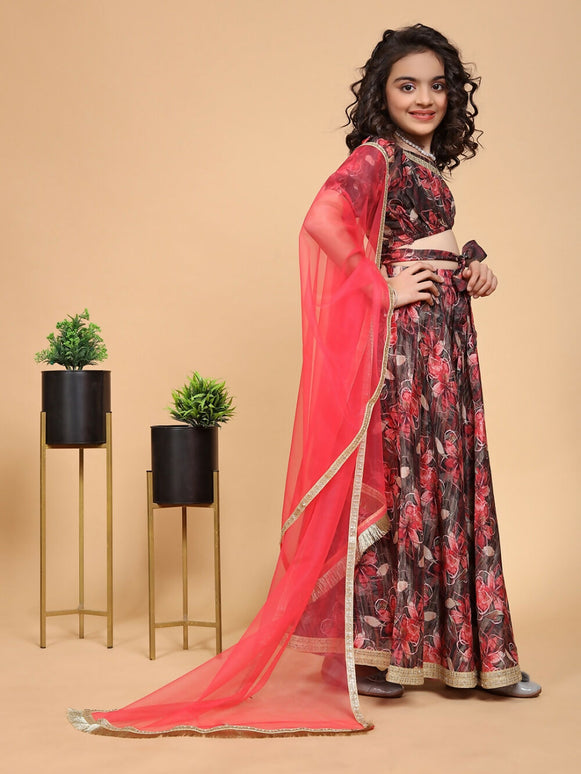 Divine Drape Girls Chinon Maroon Printed Kids Lehenga Choli With Dupatta