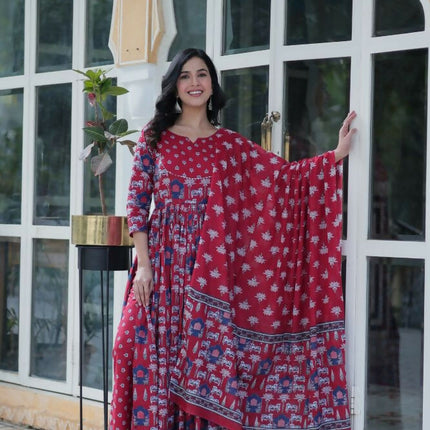 Aastha Fashion Maroon Pure Cotton Printed Party Wear Designer Gown