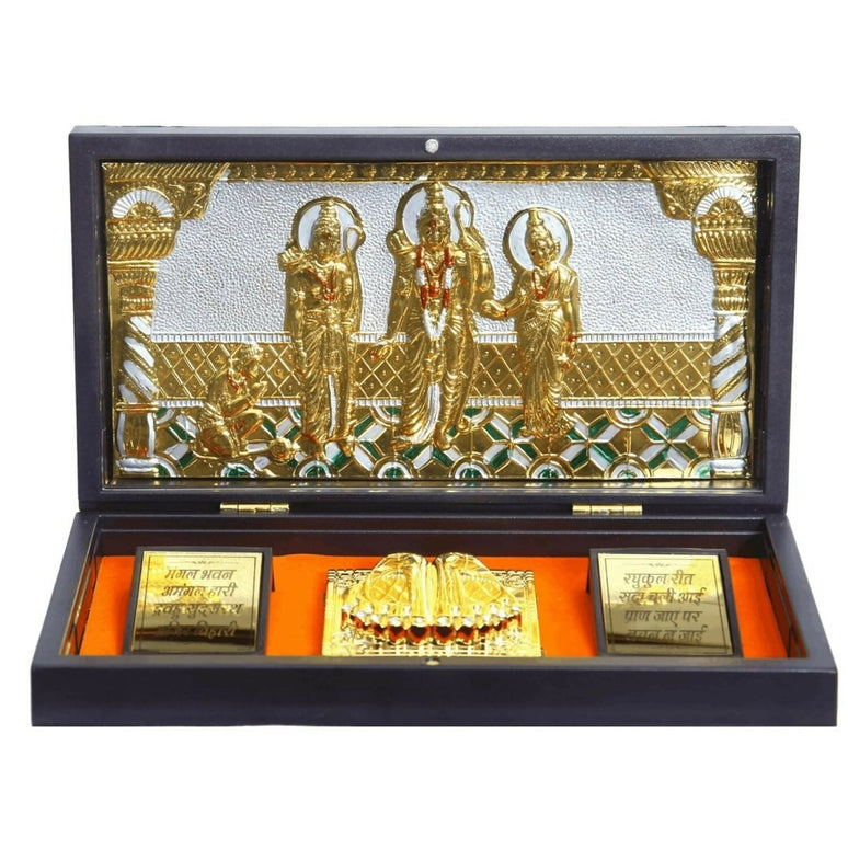Anciently Ram Darbar Pocket Temple Box With Charan Paduka Rectangle Shaped, Gold-Polished