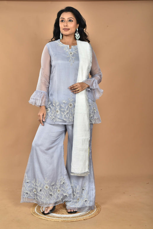 Morchari Women And Hand Embroidery Palazzo Set-Grey