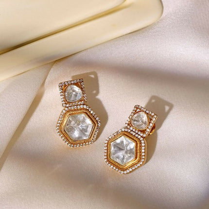 square kundan earrings with hexagon drop - Ruby Raang