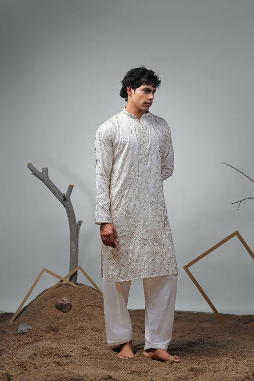 Off White Viscose Designer Embroidery Work Kurta Set - Mahotsav