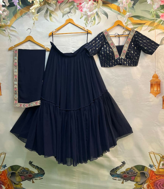 Aastha Fashion Navy Blue Heavy Georgette Pleated Semi Stitched Wedding Wear Lehenga Choli