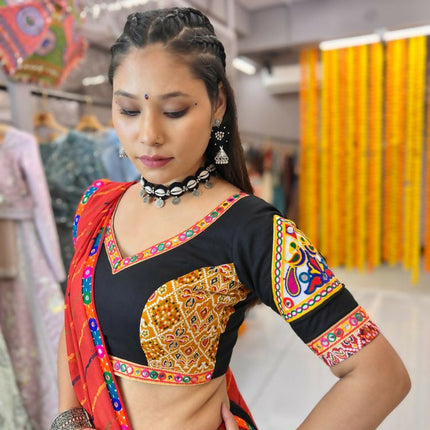 Aastha Fashion Black Rayon Gamthi Work Real Mirror Patch + Embroidery Thread Work Lace + Digital Print Semi Stitched Wedding Wear Lehenga Choli