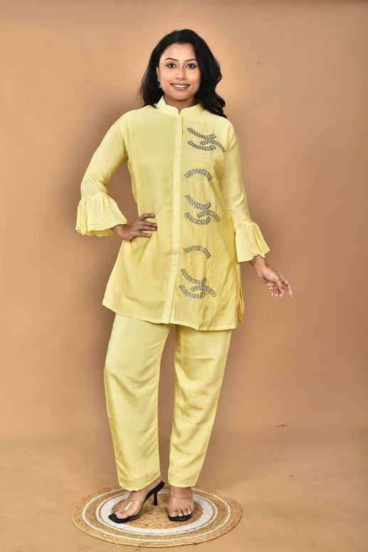 Morchari Women Hand Embroidery Co-Ords-Yellow