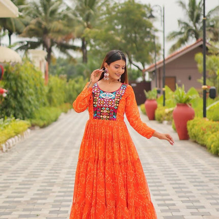 Aastha Fashion Orange Faux Georgette Navratri Designer Gown Collection