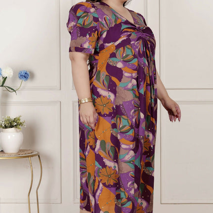 Miravan Womens Plus Size Floral Print Puff Sleeve Pure Cotton Magenta Butterfly Maxi Dress