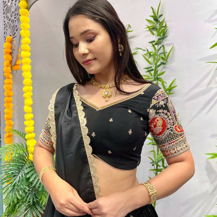 Aastha Fashion Black Roman Silk Embroidery Thread / Zari / Sequence Work Semi Stitched Wedding Wear Lehenga Choli