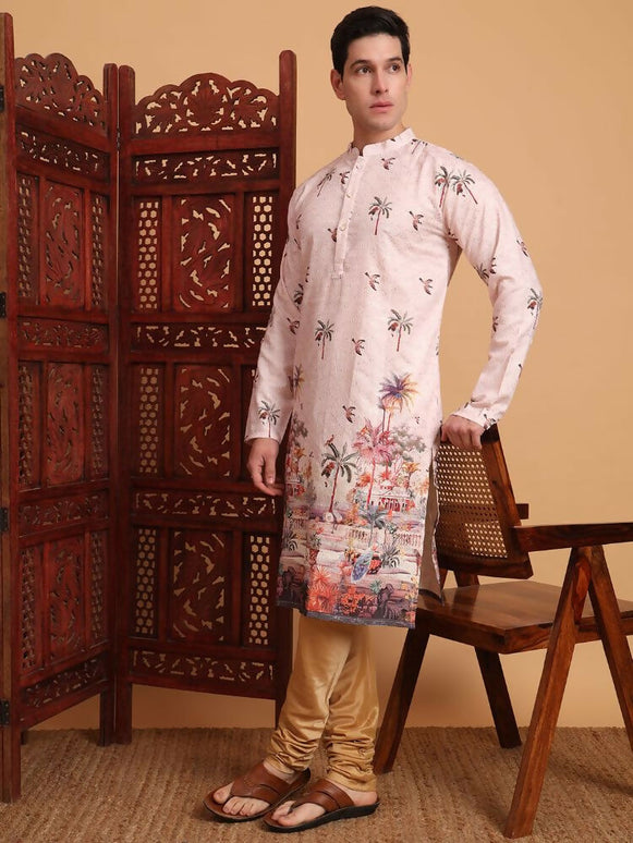 Peach Cotton Printed Chikankari Embroidery Work Kurta - Mahotsav