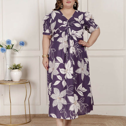 Miravan Womens Plus Size Purple Pleated Puff Sleeve Floral Pure Cotton Butterfly Middi Dress