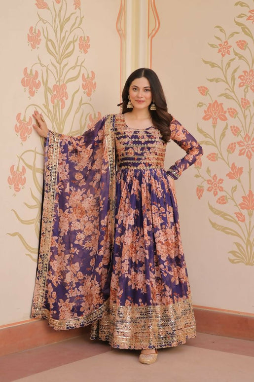 Aastha Fashion Purple Russian Silk Digital Print With Embroidered Sequins Work Party Wear Designer Gown
