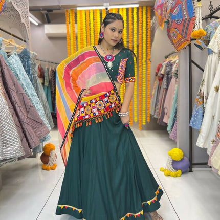 Aastha Fashion Green Rayon Multi Colour Samosa Lace Semi Stitched Wedding Wear Lehenga Choli