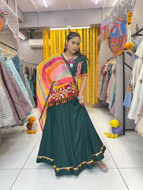 Aastha Fashion Green Rayon Multi Colour Samosa Lace Semi Stitched Wedding Wear Lehenga Choli