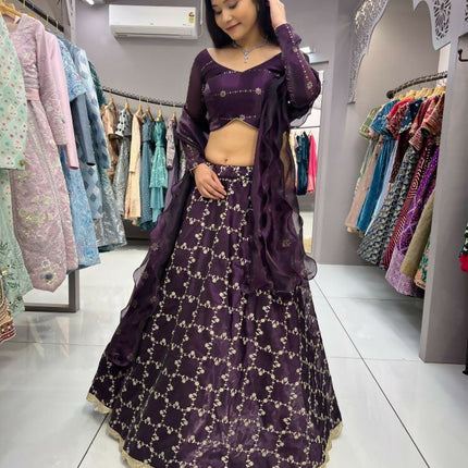Aastha Fashion Wine Heavy Jimmy Choo Heavy Embroidery Zari +Sequence + Coding Lace Semi Stitched Wedding Wear Lehenga Choli