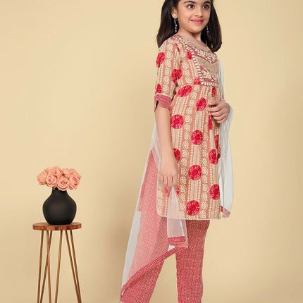 Divine Drape Girls Poly Cotton Red Embroidered Straight Kids Kurta Pant With Dupatta