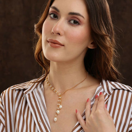 Beaded Pearl Drop One-Sided Layered Necklace - Ruby Raang