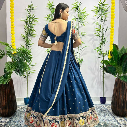 Aastha Fashion Rama Roman Silk Embroidery Thread / Zari / Sequence Work Semi Stitched Wedding Wear Lehenga Choli