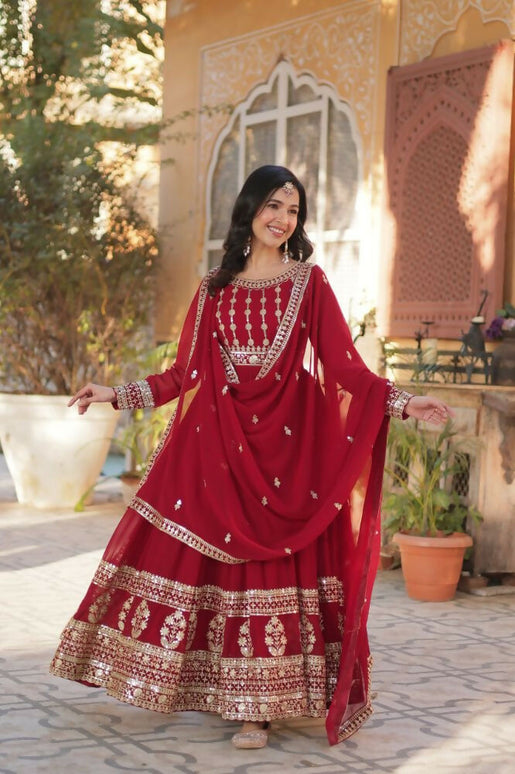 Aastha Fashion Maroon Faux Blooming Embroidery Zari Sequins-work Party Wear Designer Gown