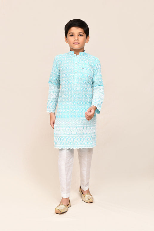 Joban Fashion Cotton Sky Blue Kurta With Straight Fit Pant