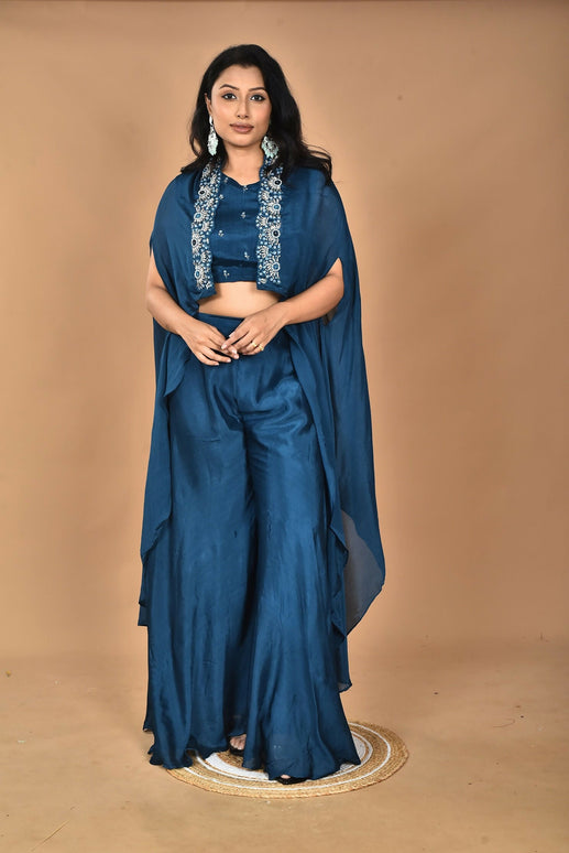 Morchari Women And Hand Embroidery Palazzo Set-Blue