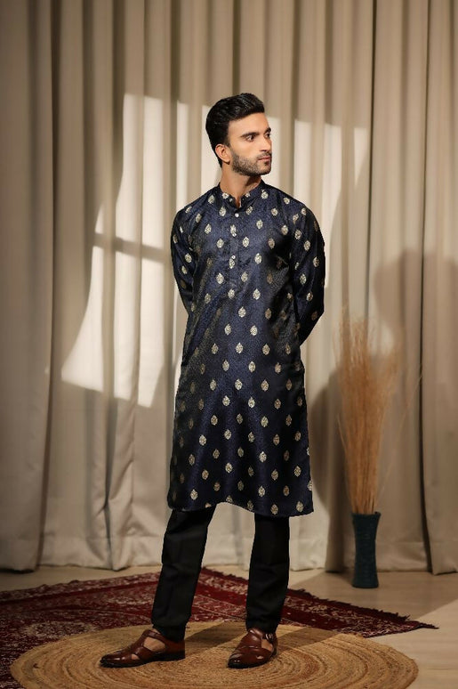 Blue Viscose Jacquard Wovon Designer Kurta Set - Mahotsav