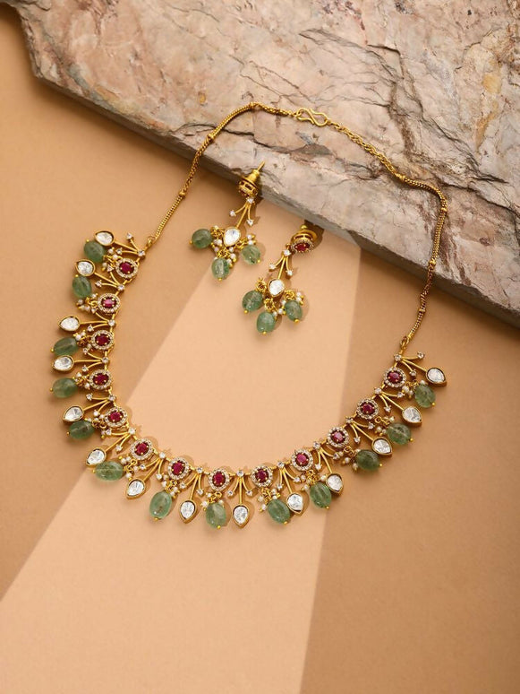 Natural Stones Antique Finish Earrings and Choker Necklace set - Ruby Raang