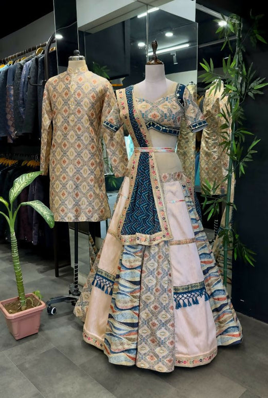 Aastha Fashion Peach & Rama Heavy Mulberry Fabric Heavy Crosek+ Embroidery Sequence + Thread +Zari + Mirror +Ready Lace Semi Stitched Wedding Wear Lehenga Choli